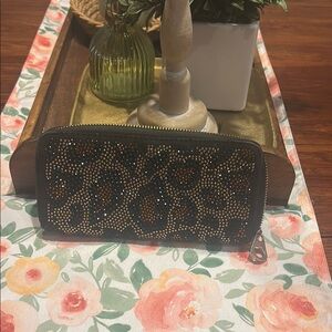 Leopard Print Women's zip around rhinestone Wallet
